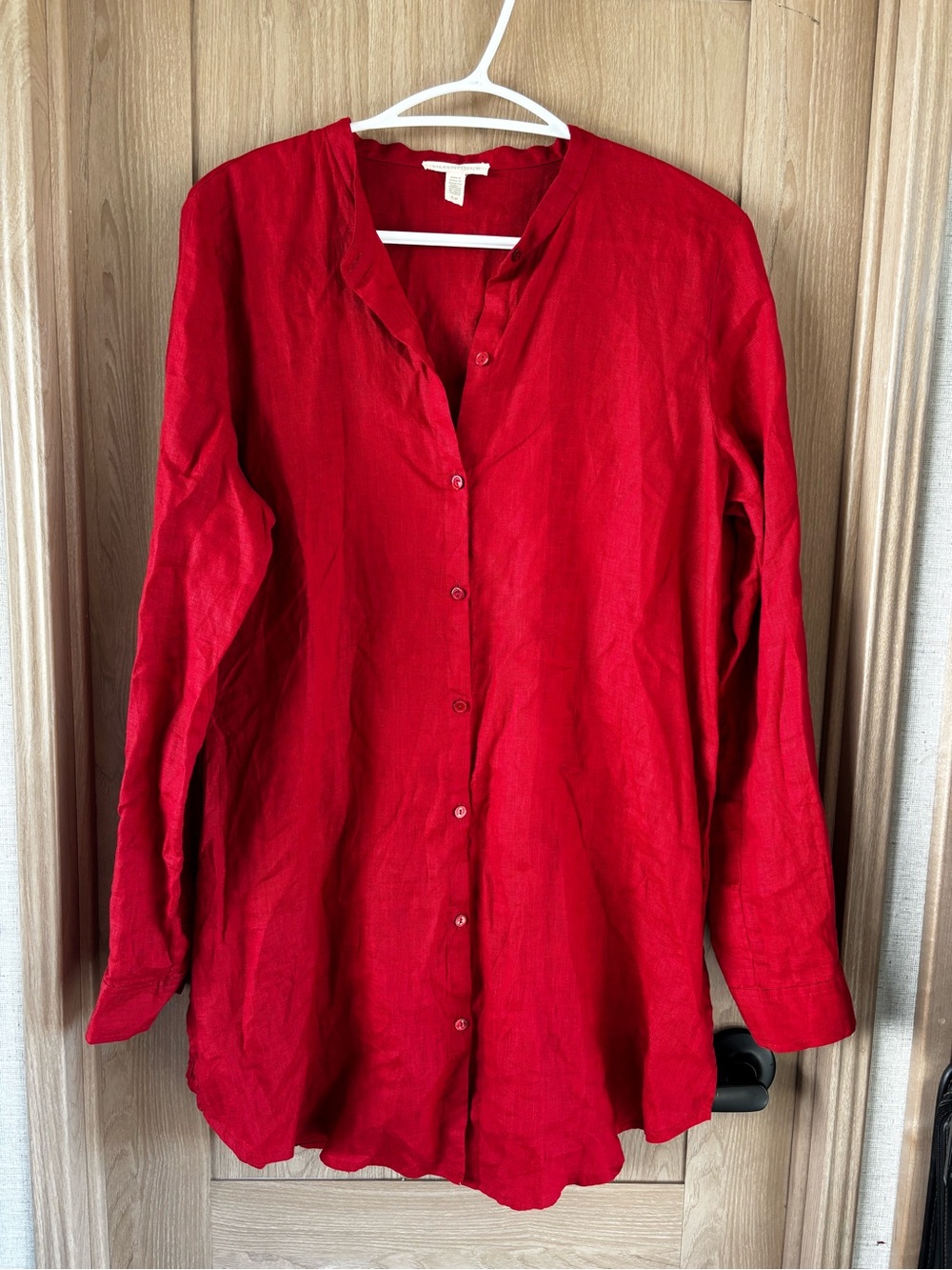 Eileen Fisher Organic Linen Top Size S Red Button Down Coastal Cottagecore